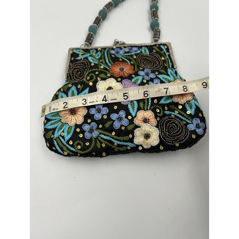 Bougainvillea Floral Beaded Embroidered Sequin Kiss Lock Clutch Strap Lined - Picture 9 of 10